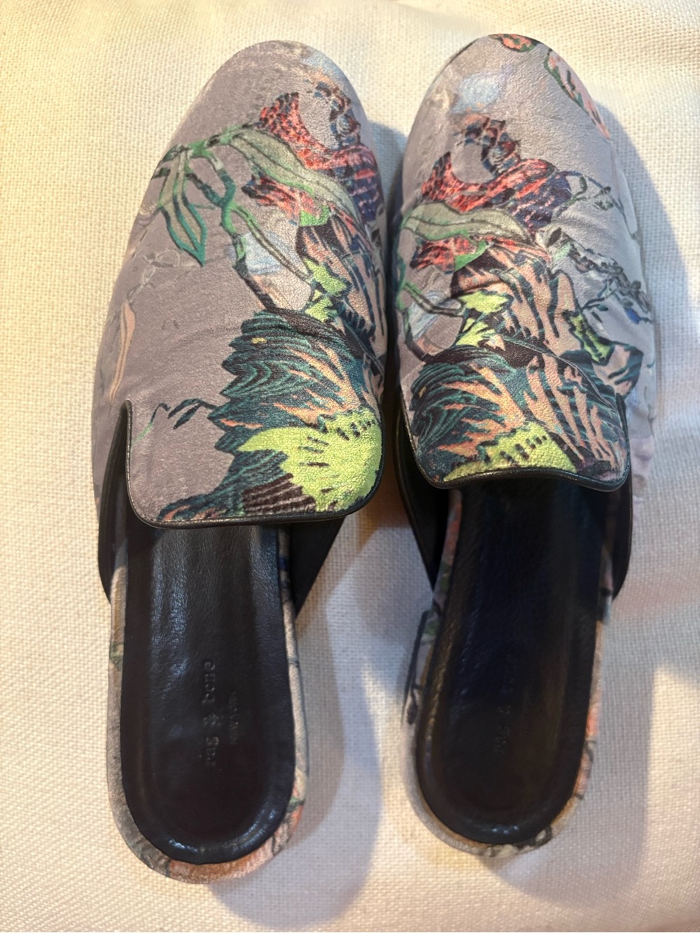 rag & bone Alix Velvet Floral Mule Loafers Gray Pink Green Slip On. Size 37.5